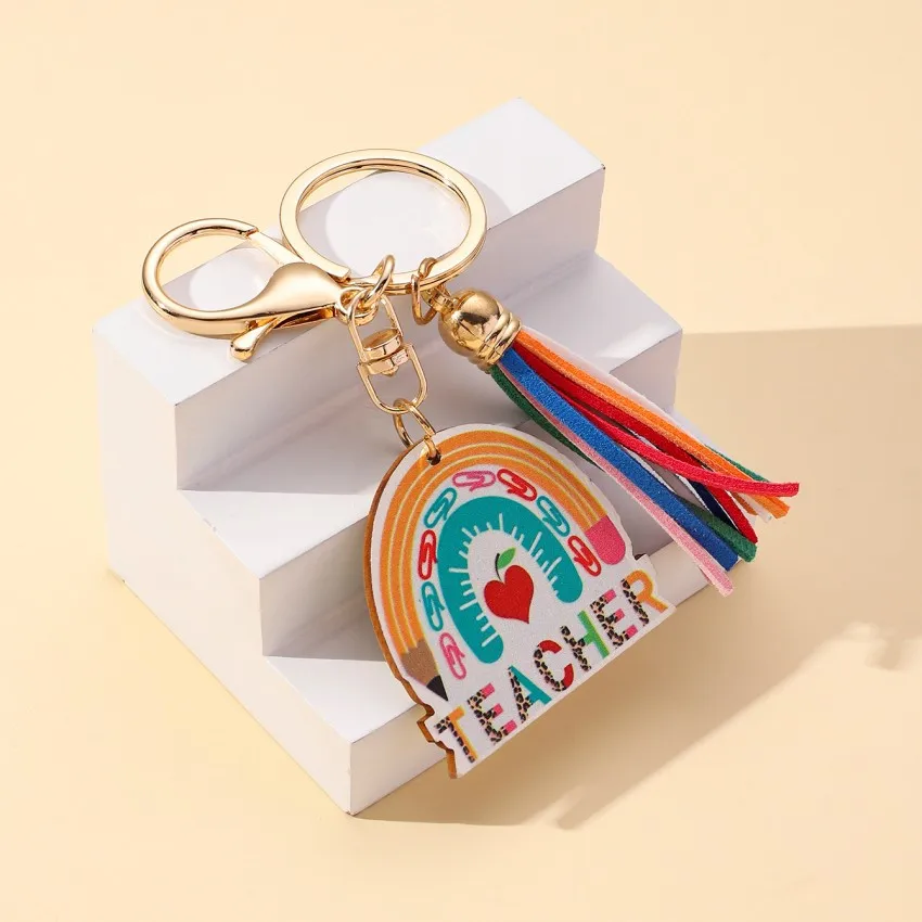 1Pc Creative Keychain Teacher Rainbow Heart Shaped Geometric Wood Brand PU Leather Tassel Keychain Bag Pendant Car Keychain Acce