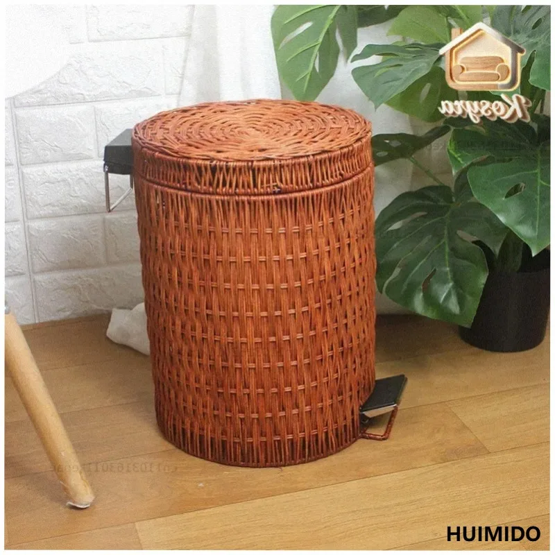 Fashion Rattan Weave Kitchen Trash Can Toilet Bathroom Dustbin Desk Foot Pedal with Cover Garbage Bin Creative Wastepaper Basket