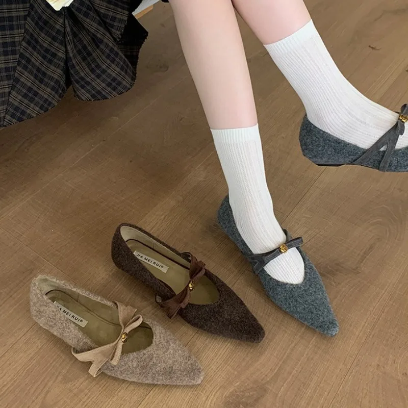 Bowknot Pointed Toe Low Heel Women Shoes Warm Elegant Office Dress Shoes Comfort New Autumn Winter Brand Mary Jane Shoes Women
