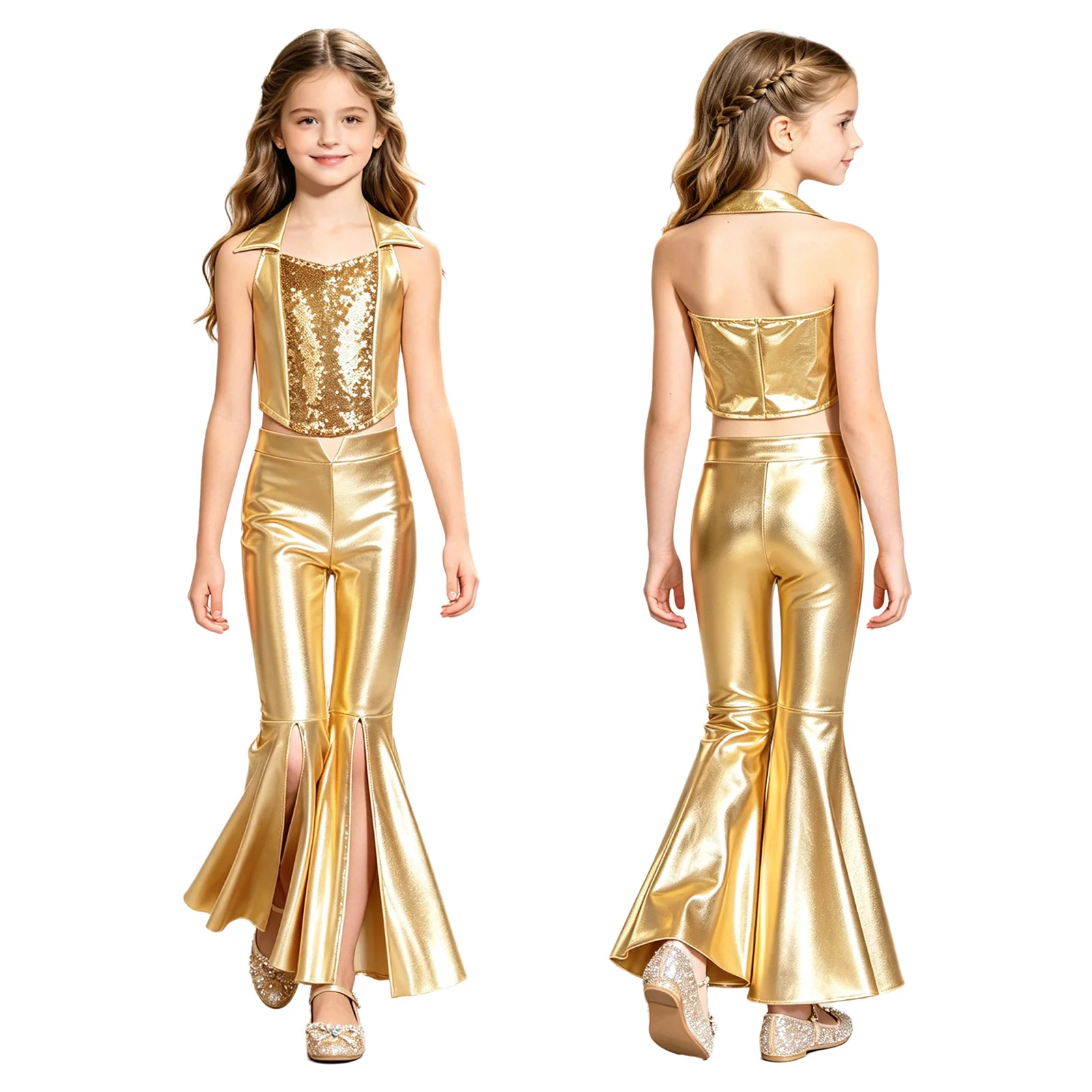 Kids Girls Disco Jazz Dance Outfit Metallic Shiny Halter Sequins Crop Tank Top with Flared Pants Carnival School Party Costume