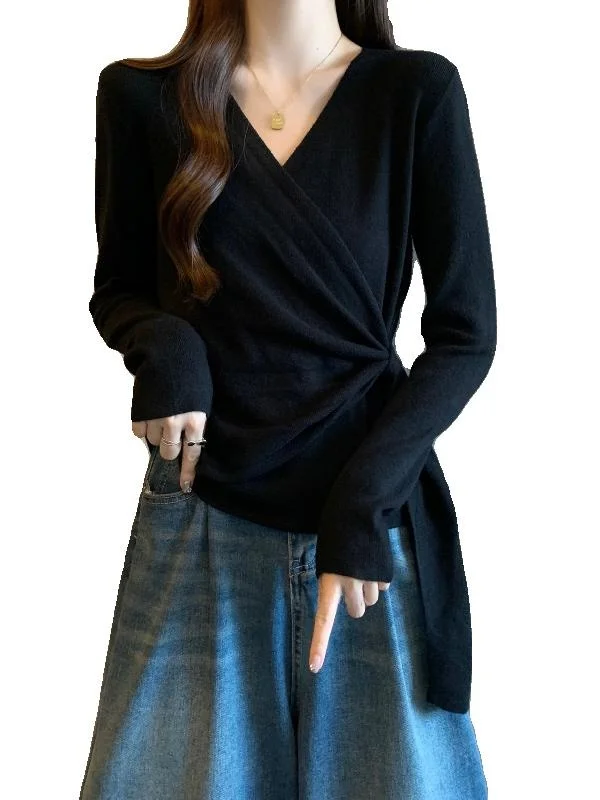 Loose Fit V-Neck Knitwear Bell Sleeve Base Shirt Women's plus Size Spring New Leaf  Korean Style Long Sleeve Sweater view 5