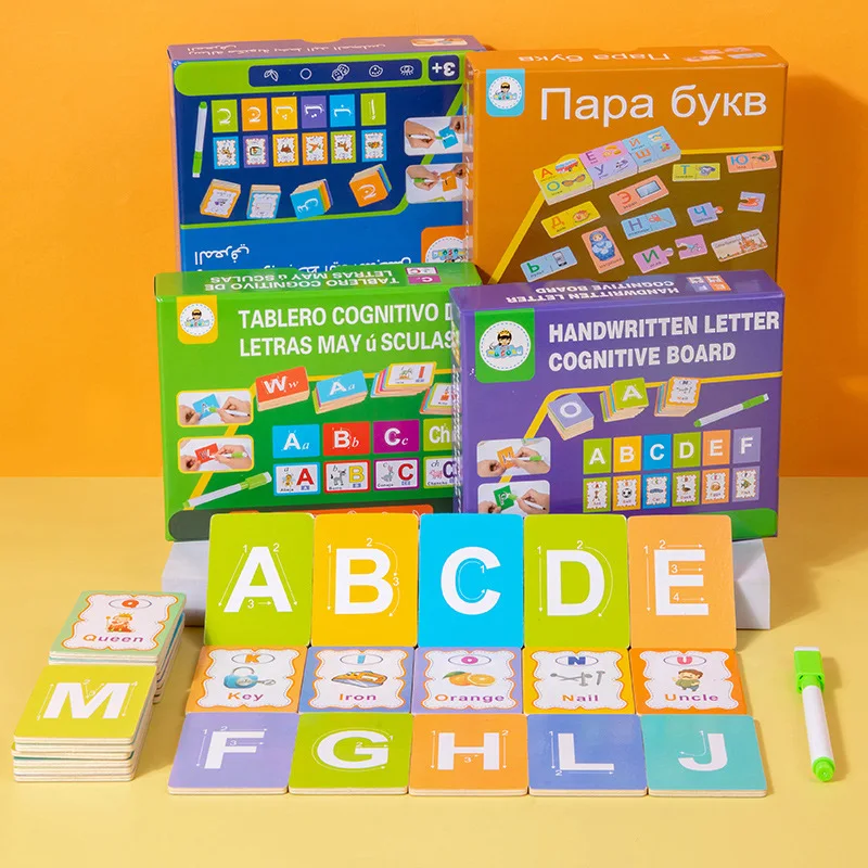 

Children's Early Education Learning Puzzle Toys Spanish Russian Arabic English Letter Words Wooden Erasable Puzzle Board Toys