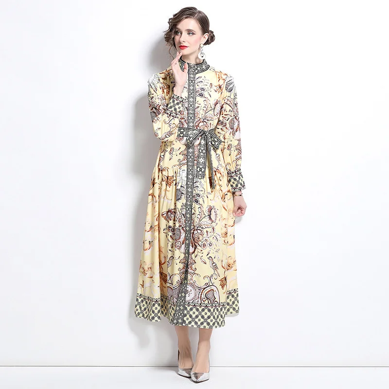 Runway 2025 Spring Full Sleeve Floral Maxi Dress Shirt For Women\'s Single Breasted Palace Design Golden Print Long Dresses Party