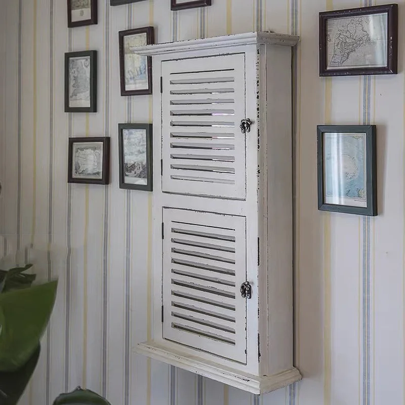 French Country Wall Cabinet, White Distressed Wood, Double Louvered Doors, Key and Jewelry Storage, 27.2x15.4x5.1 Inches
