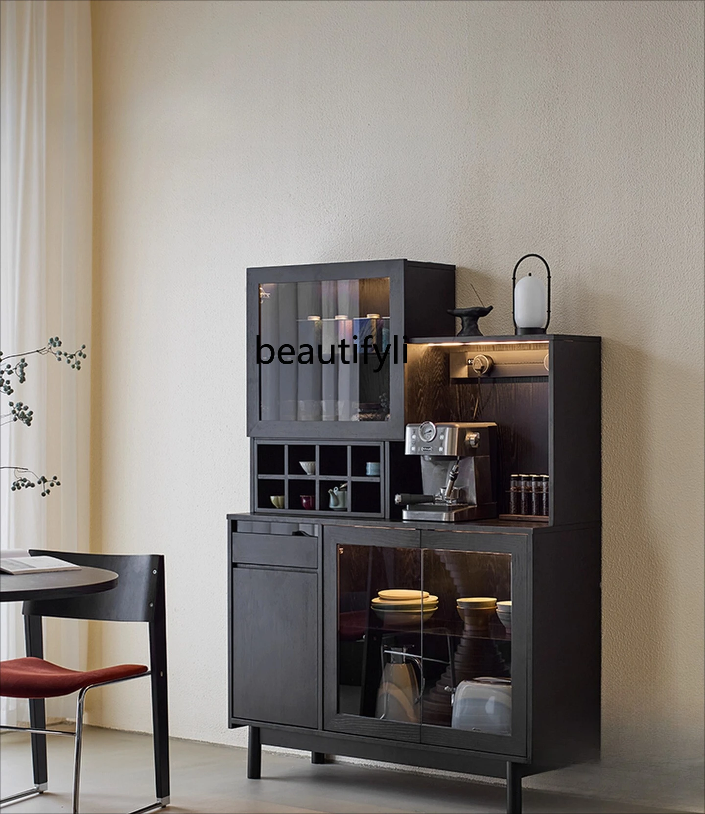 

side of the meal, integrated storage against the wall, tea cabinet, black solid wood storage, coffee side cabinet