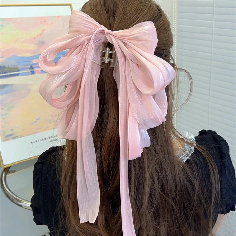 Drape Elegant Long Ribbon Bow Hair Clips Women Girls Korean Pink High Ponytail Hairpin Ladies Lovely Big Headwear Accessories