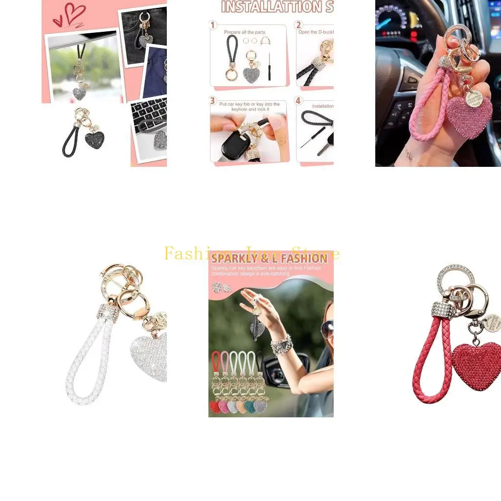 N5KA Handmade Love Heart Chain with Diamonds Sparkling Rhinestones Keychain Pendant Gift for Couple and Trendsetters