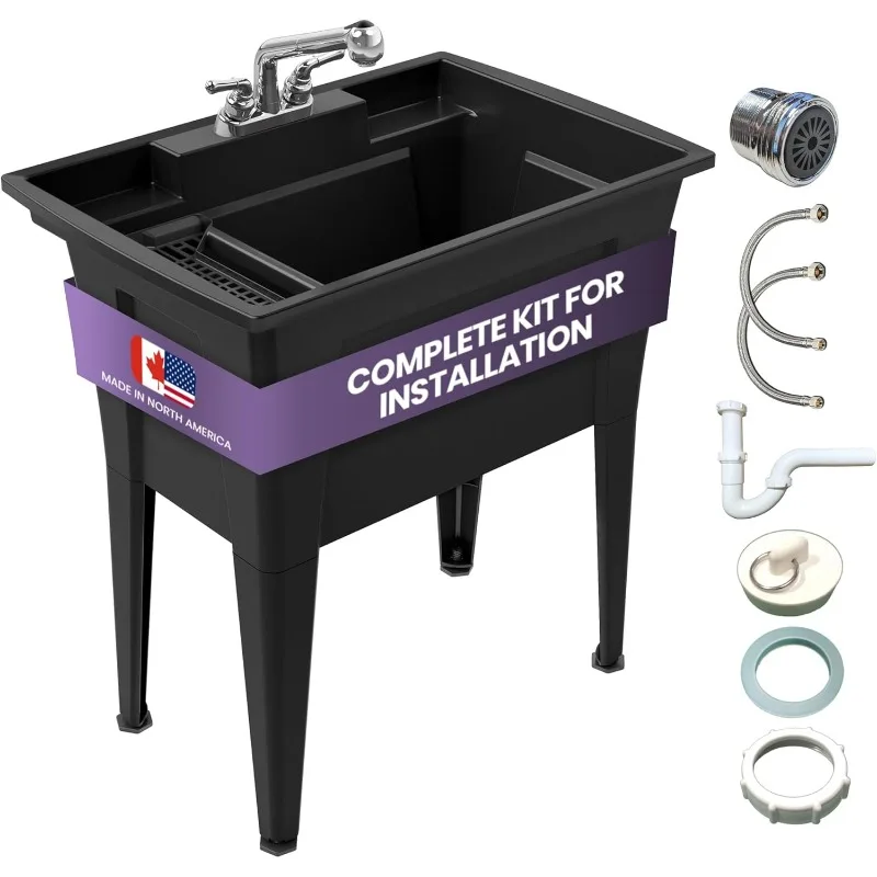 

Utility Sink with Two-Handle Chrome plastic Faucet – 32” Utility Sinks for Laundry Room, Garage, Garden