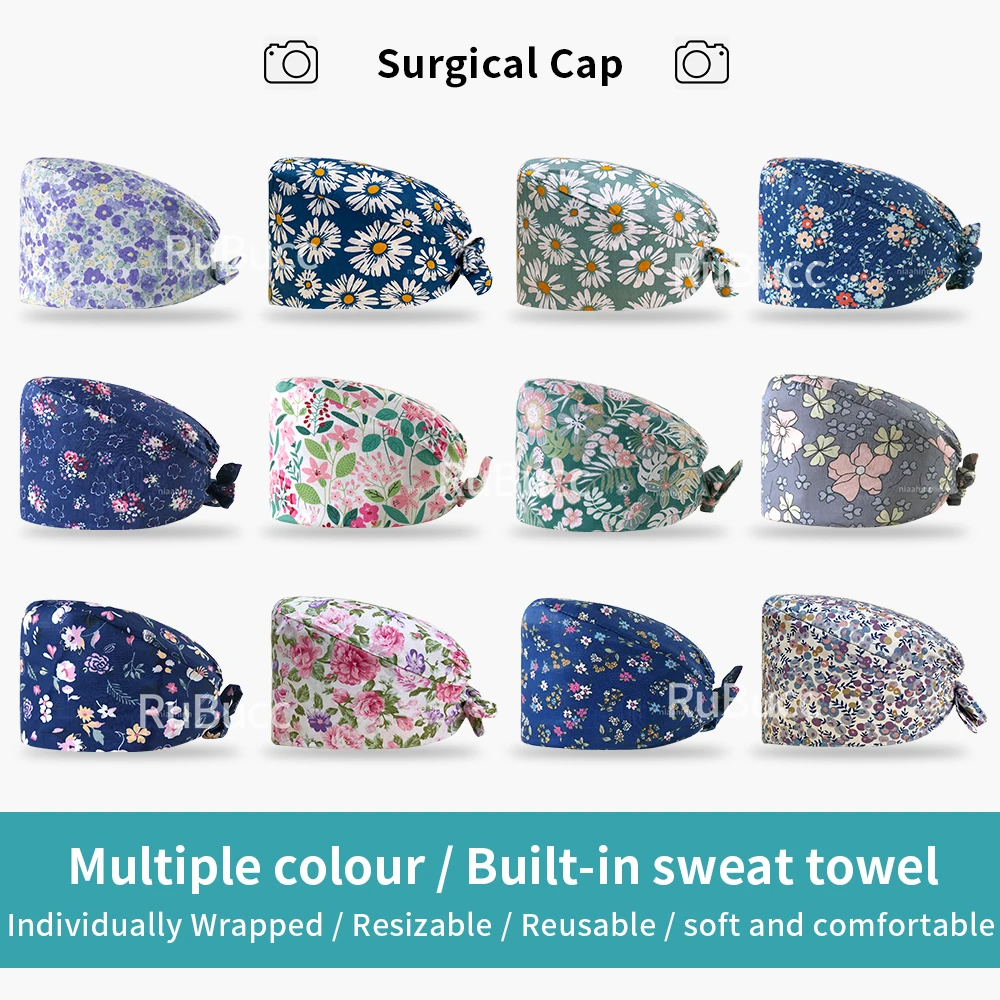 

Pet Grooming Doctor Scrub Cap Wholesale Flower Patterns Adjustable Medical Hats Tieback 100%Cotton Summer Beauty Salon Work Hats