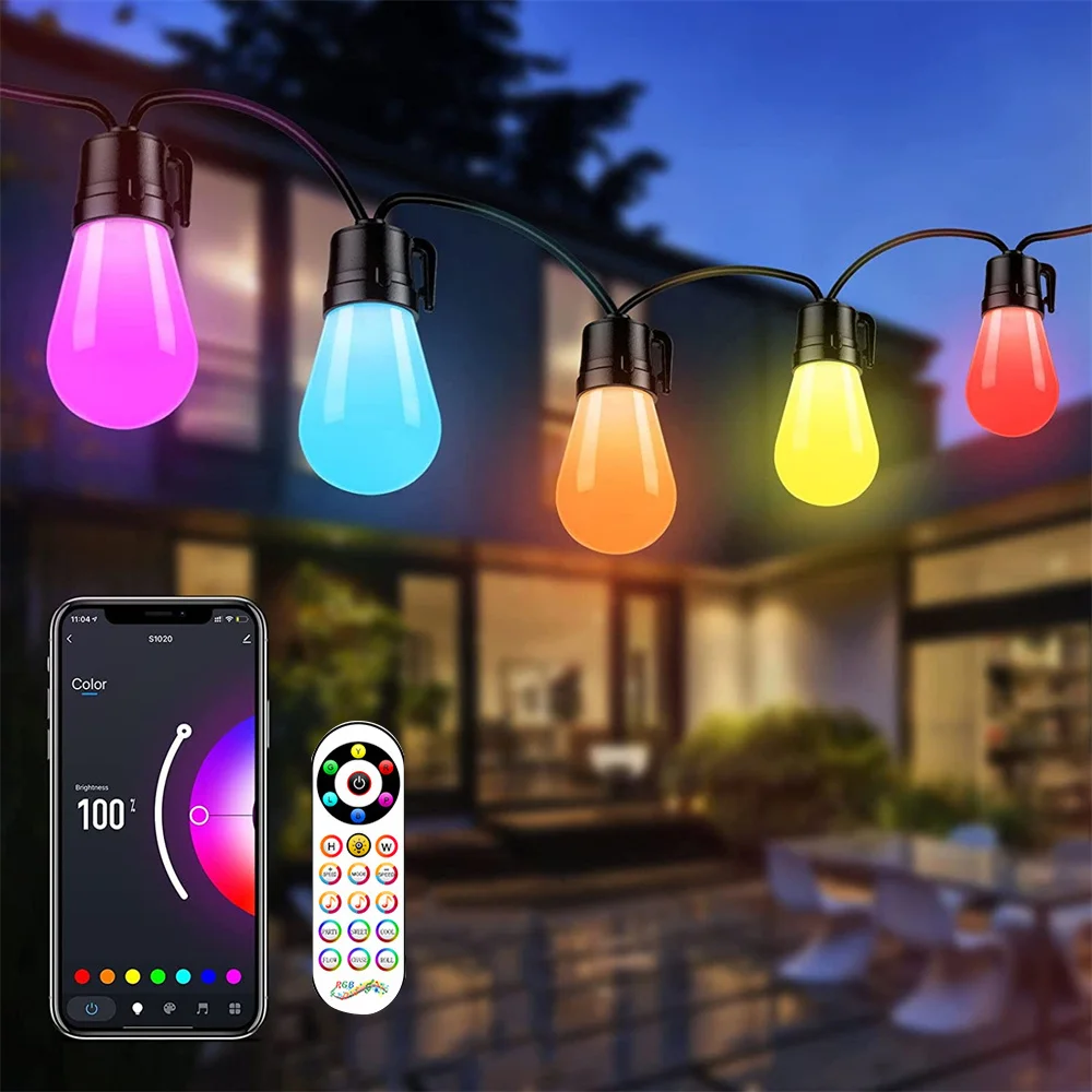 

15M 15LEDS S14 String Lights Outdoor Patio Lights Waterproof App Control Hanging Lights RGB Commercial Grade String Lights