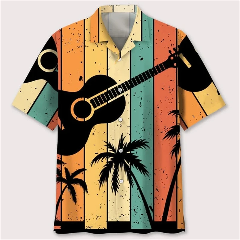 Men's Designer Hawaii Shirts Short Sleeve y2k Tops Fashion Streetwear Print Guitar Music Hiphop Casual Vintage Female Clothing