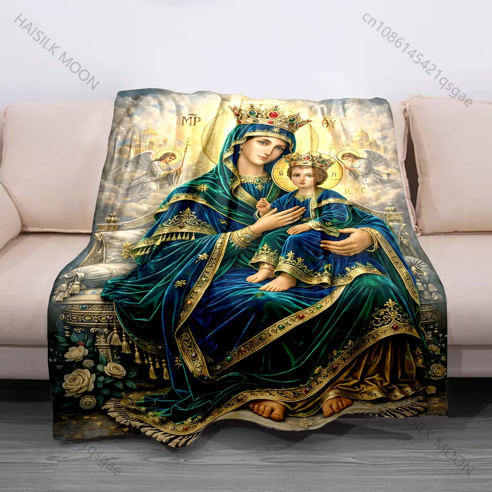 Religious painting crown Madonna and Child Print Believer Pray blanket Warm soft flannel material suitable for all seasons gift