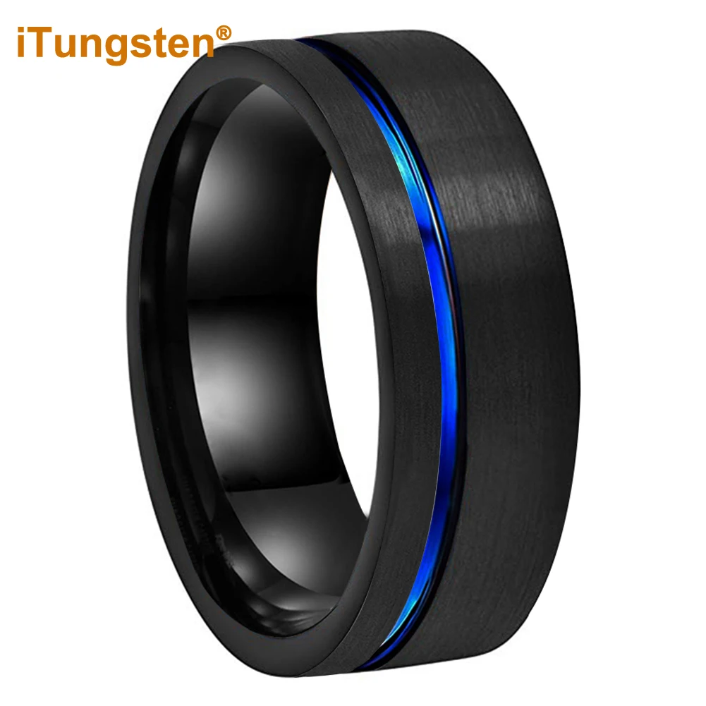 iTungsten 8mm Black Blue Wedding Band Tungsten Carbide Ring For Men Women With Offset Groove And Brushed Finish Comfort Fit