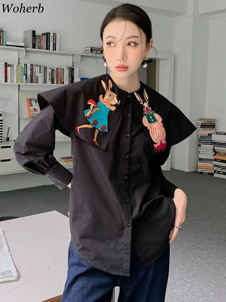 Woherb turn down Vintage Cartoon Rabbit Embroidery Japanese Style Blouse Women Casual Loose Black Shirts 2024 chic Cute Blusas