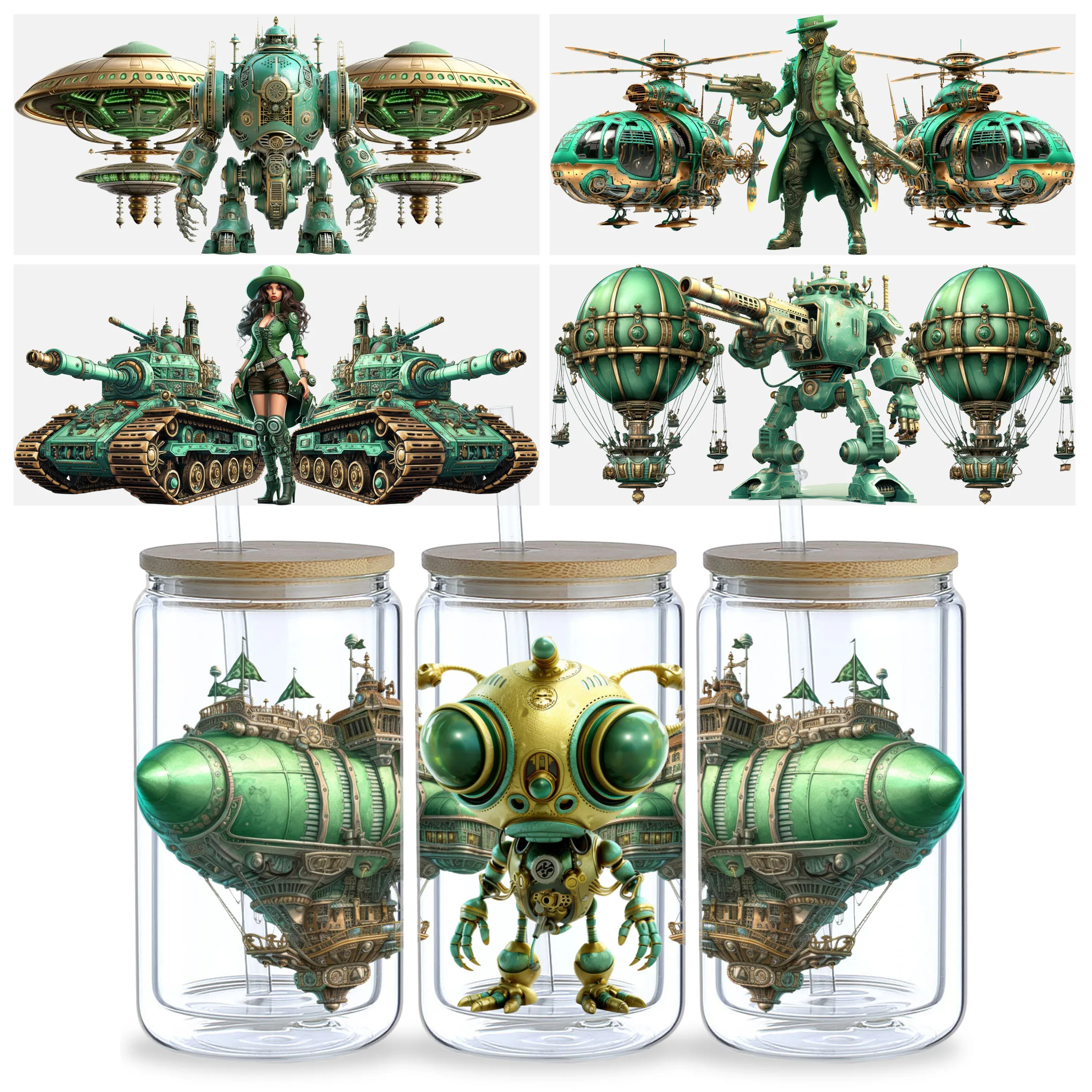 5Sheet Steampunk Cat UV DTF Cup Wrap,DTF Stickers for Glass Cup,Waterproof funny punk Alien Rub on Transfers for 16oz Glass Cups