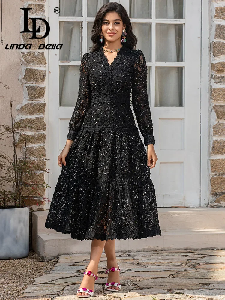 LD LINDA DELLA Fashion Designers Spring Dress Women's V-neck Long sleeve Lace luxury vintage Party Midi Dress