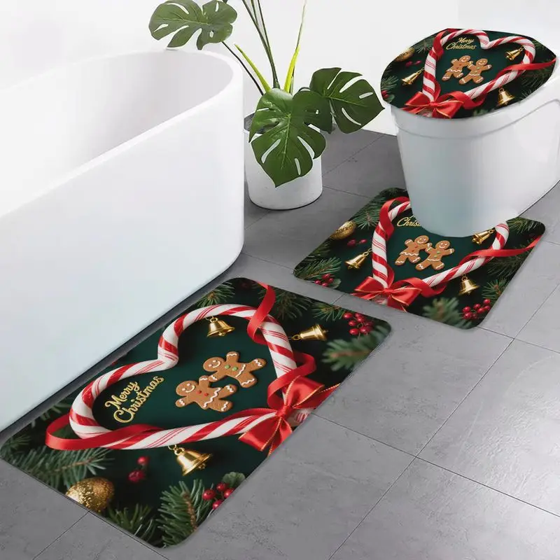 VIKAMA Christmas Bathroom Rug Gingerbread Candy Cane Print Anti Slip Absorbent Bath Mat for Toilet Bathtub Bathroom Floor