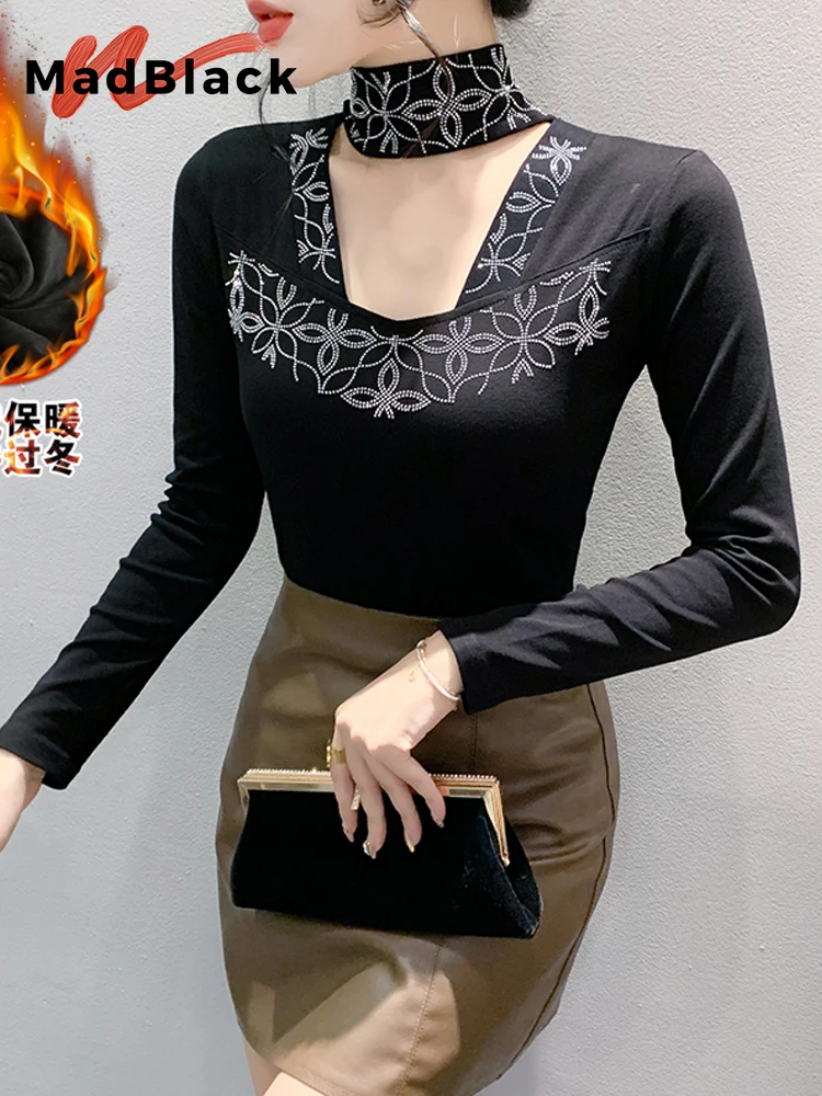 

MadBlack European Clothes Tshirt Women Sexy Turtleneck Diamonds Fleece Slim Pleach Tops Long Sleeve Tees Autumn Winter T30849JC