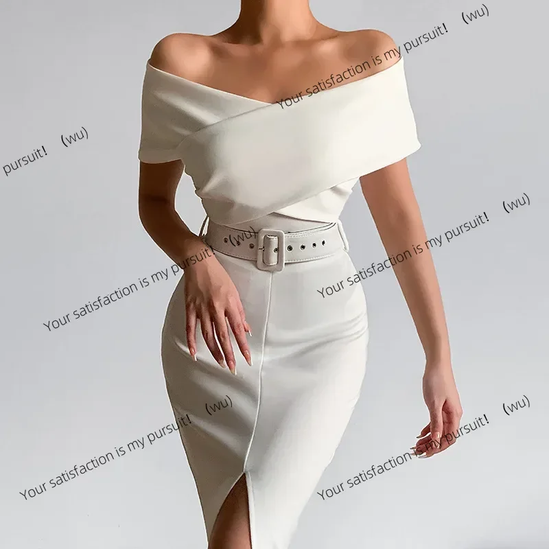 

ZOCI-Off Shoulder Bodycon Dresses Women 2024 Summer Slim Long Split Dress Ladies Vintage Party Dresses with Belt Robes De Soirée