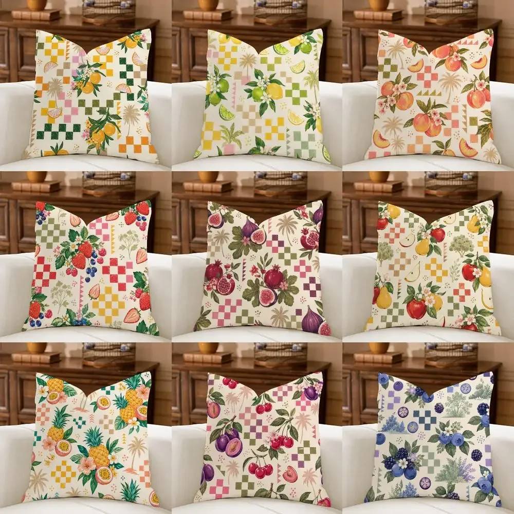 Boho Check Botanical Cottagecore Cushion Cover Natural Breathable Durable Linen Printed Decor Pillow Case Sofa Bedroom