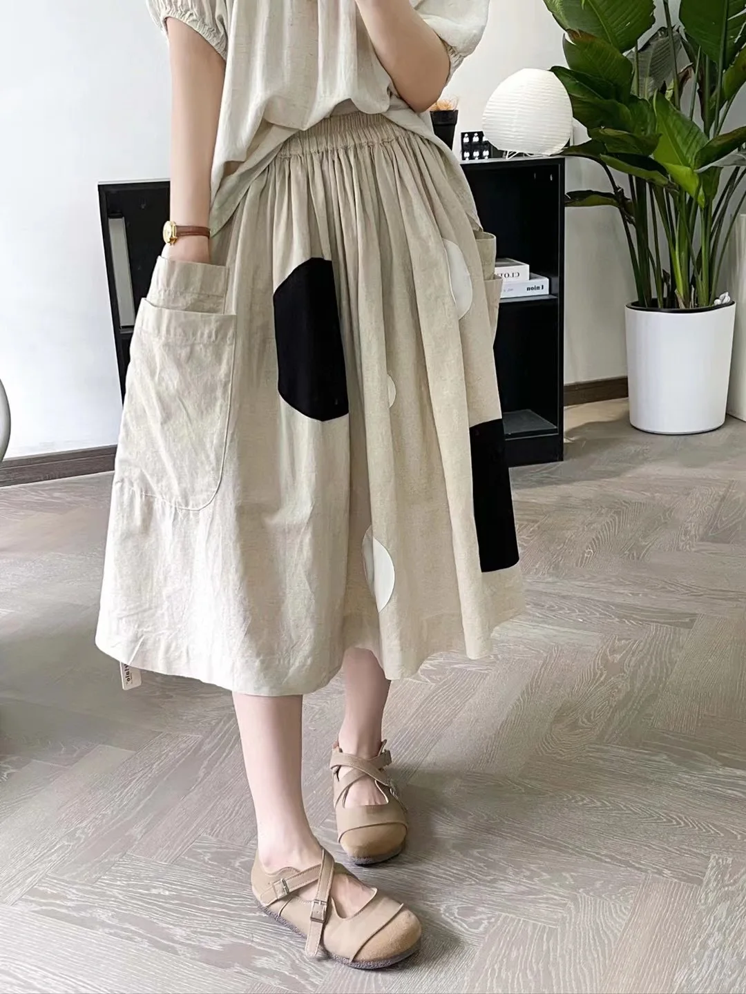 

Retro Sle A-Line Skirt with Patchwork Large round Ne Elastic Waist Cotton Linen Fabric Asymmetrical Design Umbrella ...