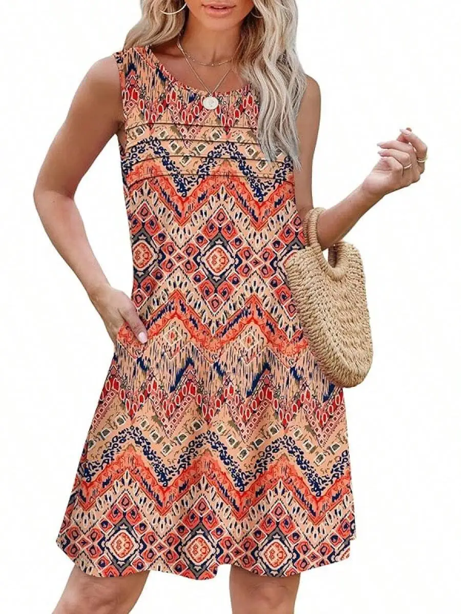 

Pleated Front Tank Dress Summer Boho Print Knee Length Loose Fit Women