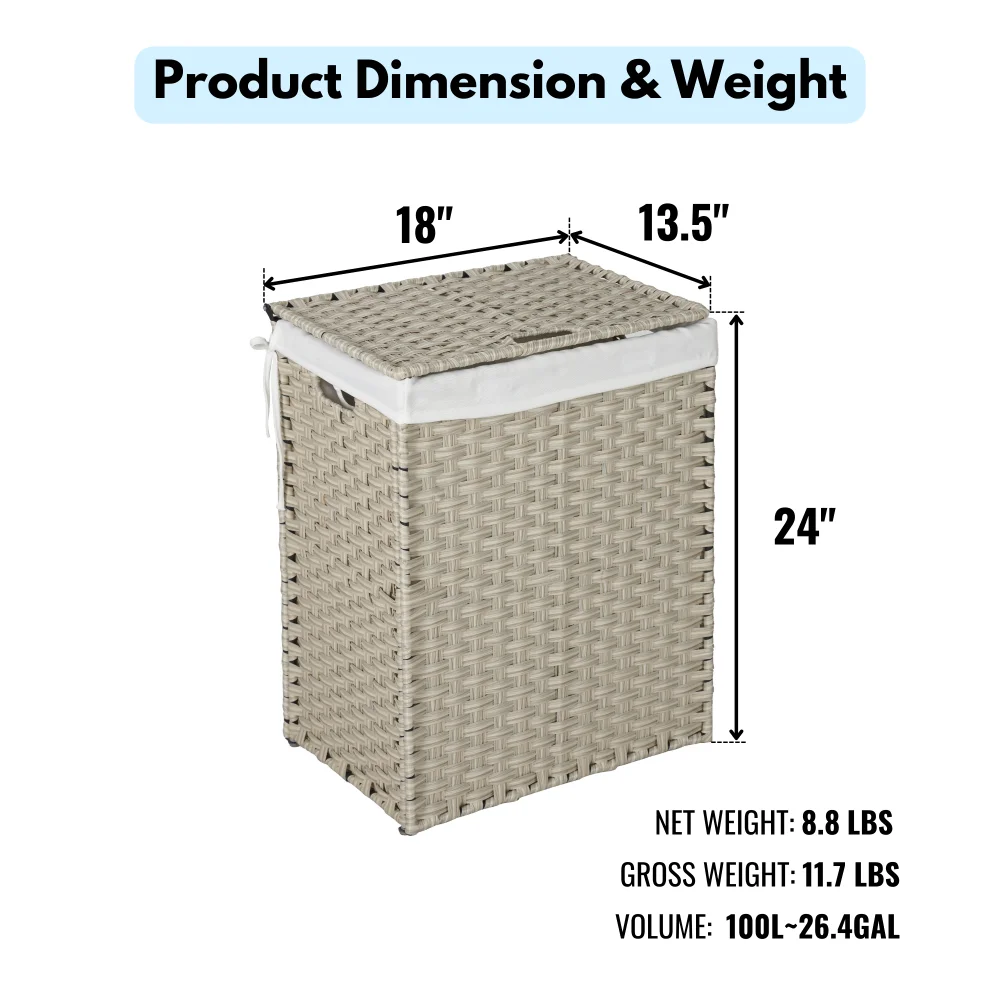 Laundry Hamper With Lid PE Rattan Powder Coating Frame Clothes Hampers with 01 Removable Bags, 100L, Grey Color