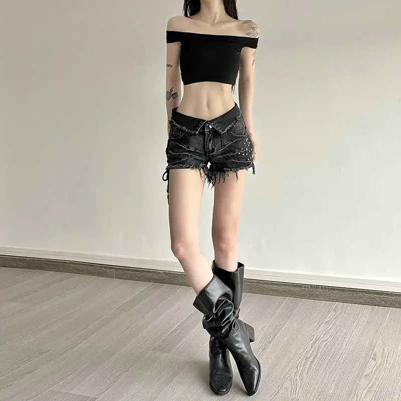

American Low-Waist Vintage Short Denim Jeans Punk Style Solid Color Women Grunge Streetwear Washed Sexy Casual Retro Summer