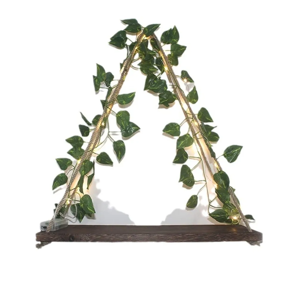 Aesthetic Artificial Ivy Floating Wall Shelf Wooden Hanging Wall Hanging Shelf LED Light Floating Wood Shelf Indoor