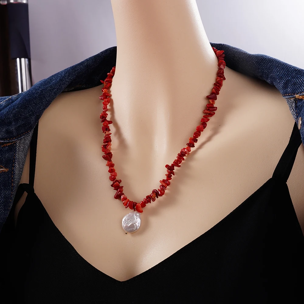 Bohemia Red Natural Coral Peals Pendant Necklaces For Women Coastal Charms Vintage Retro Beaded Chain Choker Party Jewelry