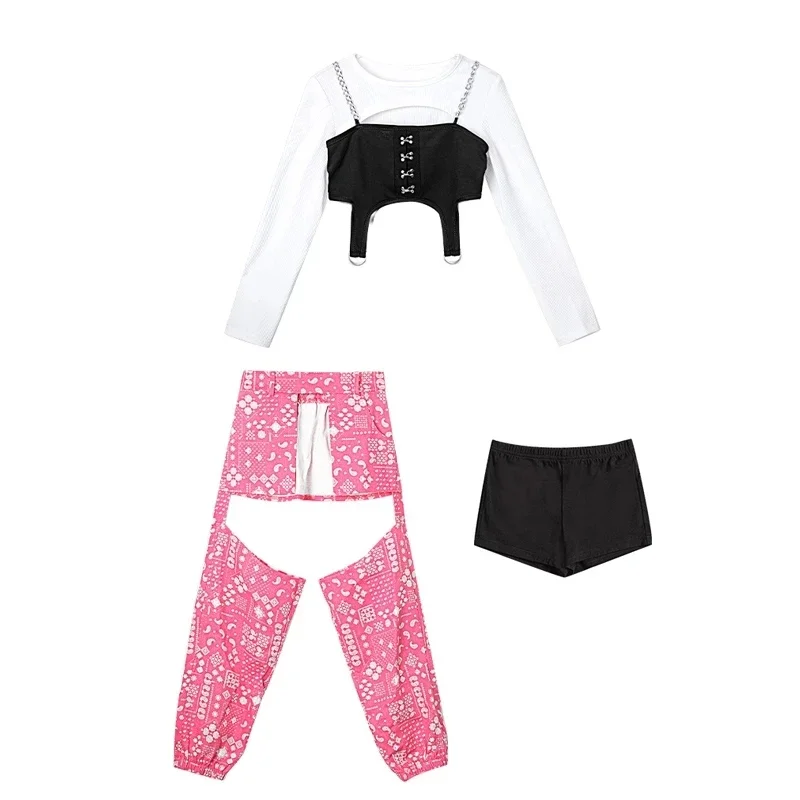 Hip Hop Dance Stage Costume para Meninas, Tops e Calças Cargo, Roupas Festival, Roupas de Dança, Top Crop, Roupa Dancer, Roupas de Rua Crop