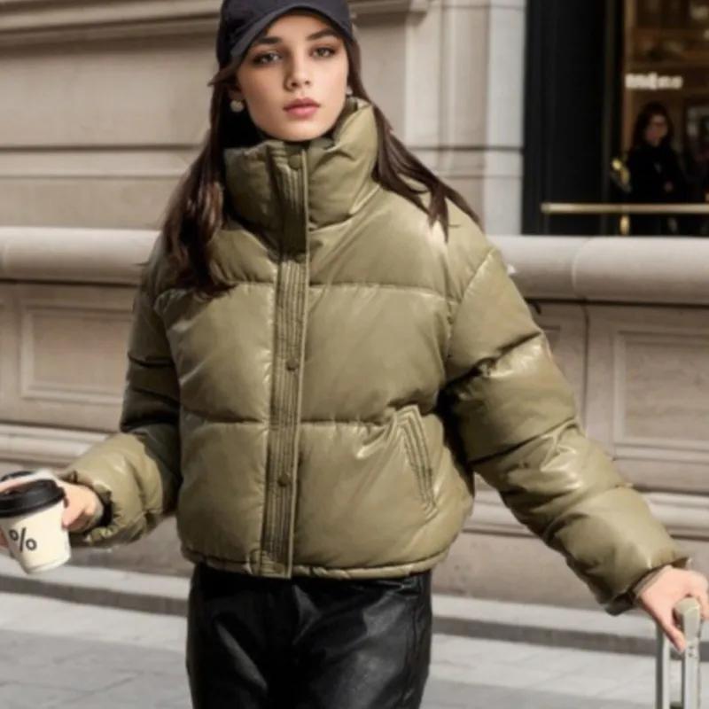 

2025 Winter Women's No-Wash PU Leather Puffer Jacket Stand Collar Short Warm Coat for Petite Thickened Oversized Style Tops