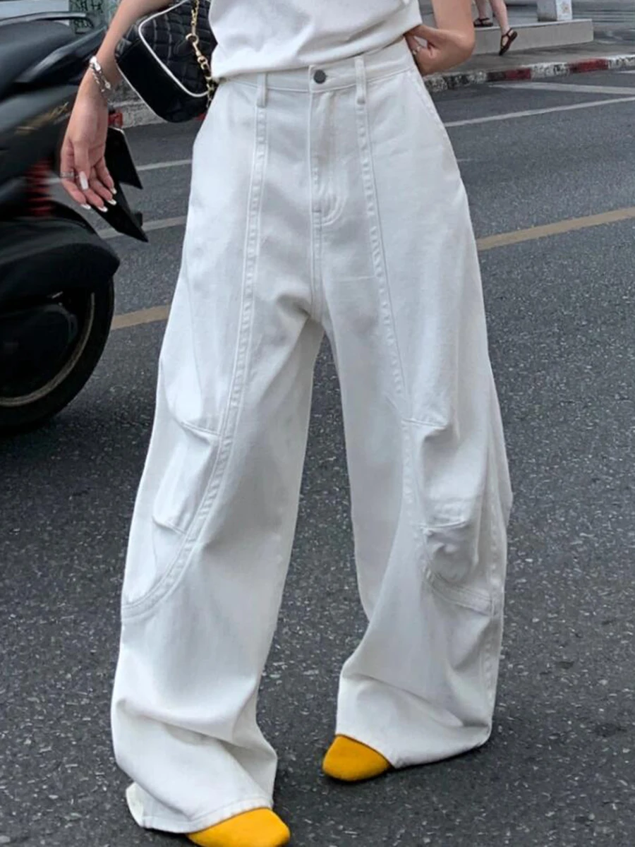 REDDACHIC الرجال الرجعية الأبيض برميل فضفاض الجينز عادية فضفاض منخفضة الخصر جيوب غرزة كلينفيت واسعة الساق الدنيم السراويل البضائع عمال