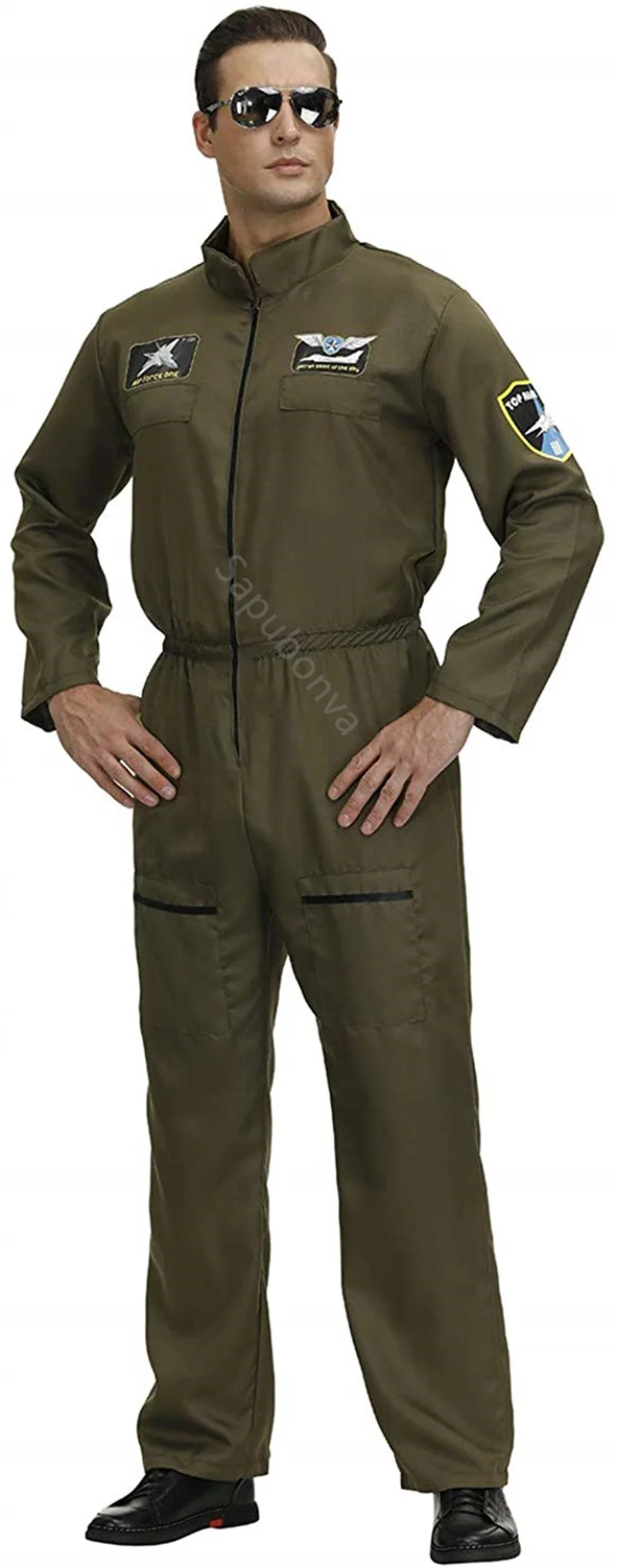 Men\'s Flight Suit Costume Military Fighter Pilot Jumpsuit Halloween Costume Cosplay One Piece Overalls ArmyGreen