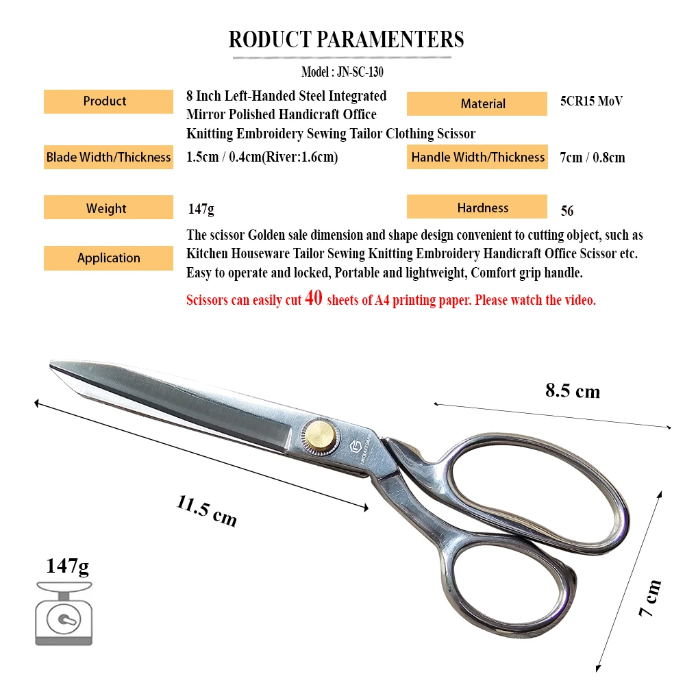 Jincraftsman®–8 Inch Special Steel Mirror Polished Integrated Multifunction Office Sewing Handicraft Tailor Left-Handed Scissor