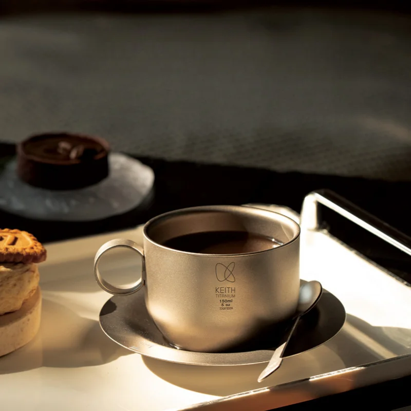 

Кофейная чашка Keith из чистого титана с двойными стенками и изоляцией, с блюдцем и ложкой, 150 мл (5 унций), легкая 105 г для офиса и путешествий