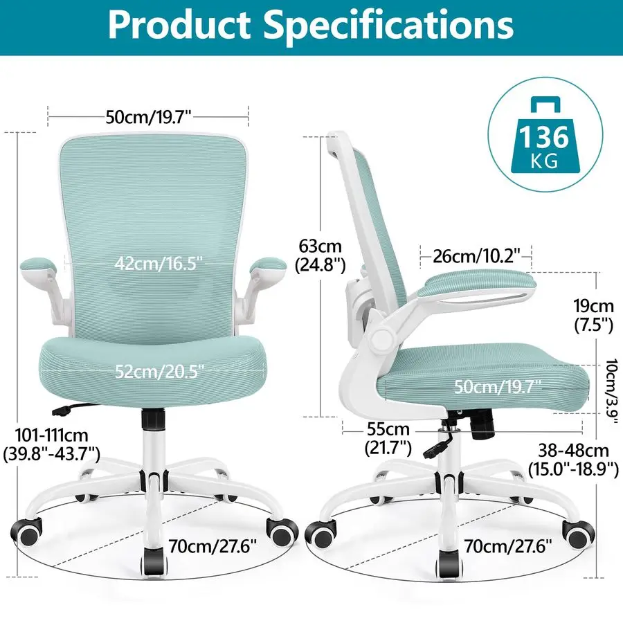 Office Chair, Ergonomic Desk Chair Breathable Mesh Chairs Adjustable High Back Lumbar Support Flipup Armrests, Executive Rolling