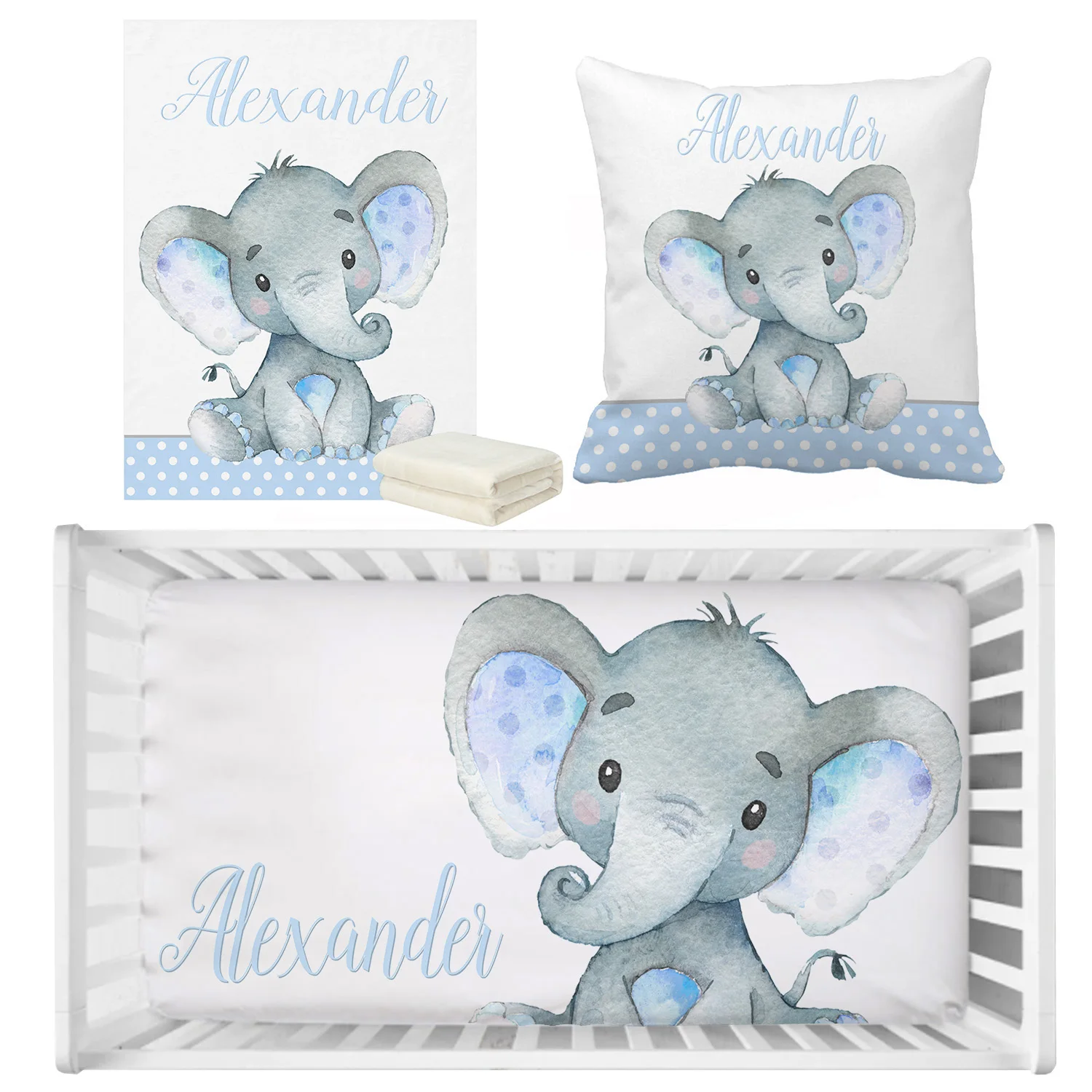 LVYZIHO Set di lenzuola per culla per neonato, Set di biancheria da letto Cirb con elefante blu con nome personalizzato, Set di biancheria da letto regalo per Baby Shower