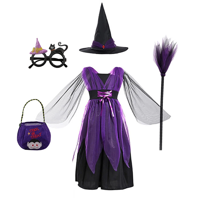 Halloween Cosplay Purple Witch Costume Baby Girl Children Carnival Party Fancy Dress Girls Purim Kids Costume with Hat Broom