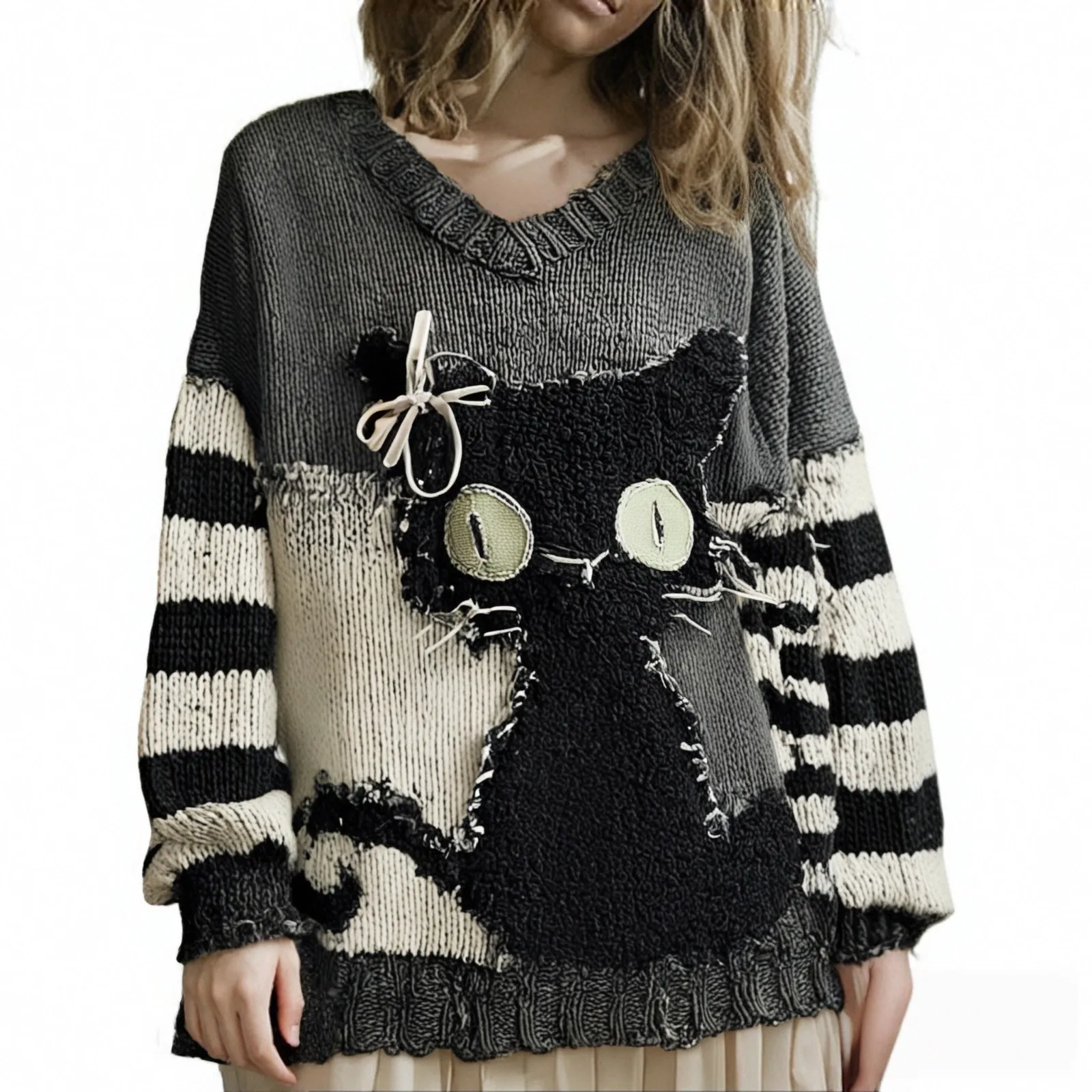 Nuovo maglione a maniche lunghe allentato da donna in stile europeo americano, pullover con scollo a O con stampa digitale dei cartoni animati, elegante e unico ​
