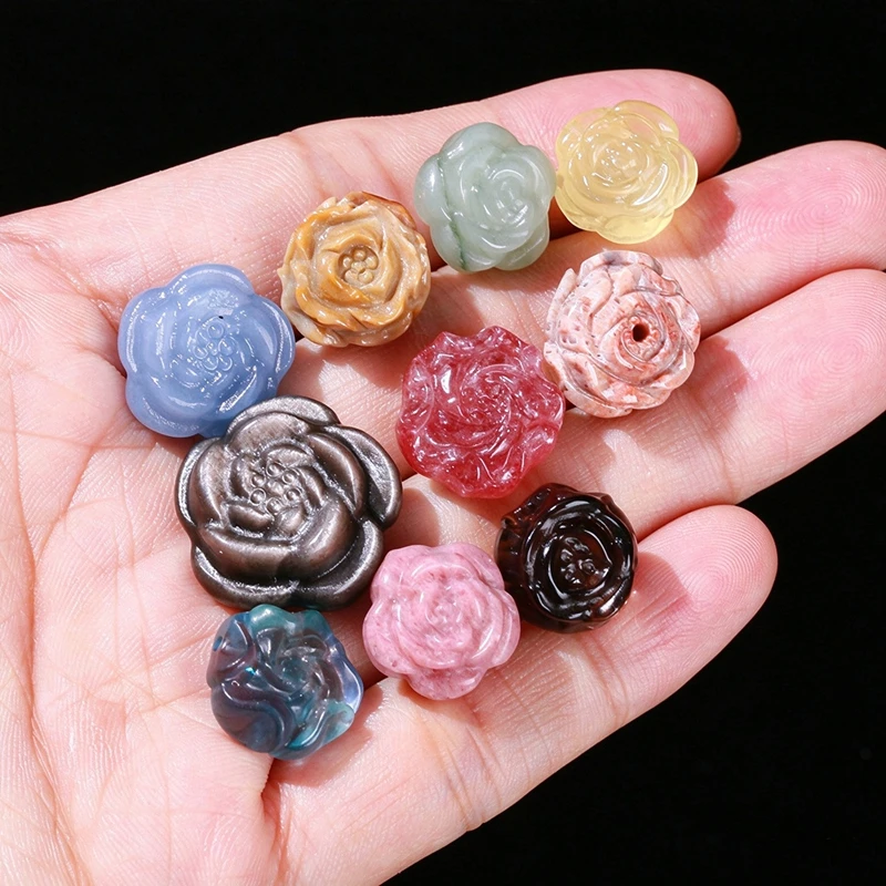 1 Pcs Natural Rose Quartz Obsidian Crystal Agate Carved Rose Flower Shape Bead For Jewelry Making DIY Necklace Bracelet supplies