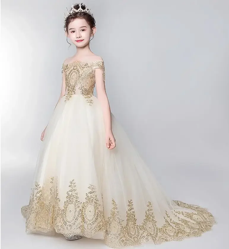 

Golden Tulle Kids Party Evening Gowns Sequin Lace Long Trailing Ball Gown Flower Girl Dress For Weddings First Communion Dresses