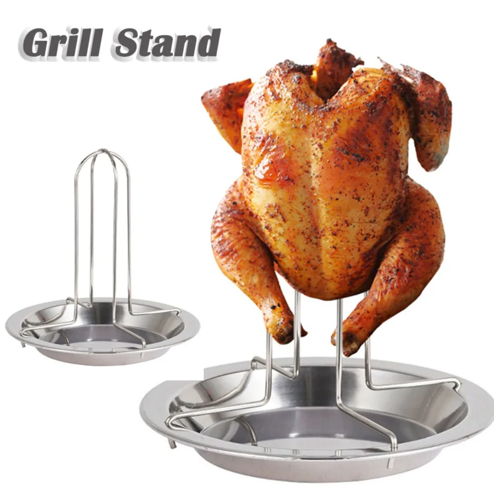 Soporte para parrilla para asar con cuenco, estante para asar pollo, herramientas de cocina para barbacoa al aire libre, soporte para pollo a la parrilla antiadherente de acero inoxidable