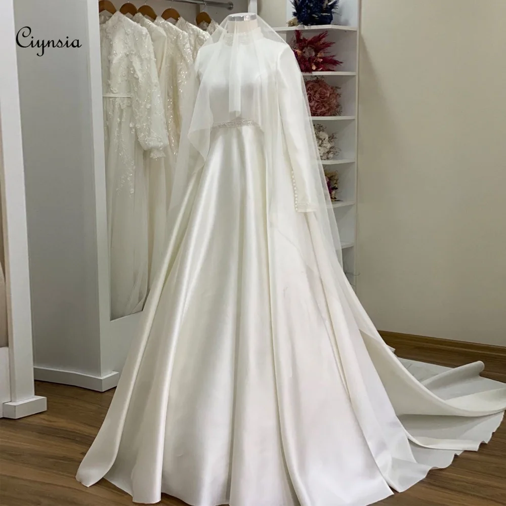 Ciynsia High Neck Elegant Muslim Hijab Wedding Dresses 2024 Bride Satin Ivory Long Sleeve Bridal Gowns Dubai Vestidos De Novias