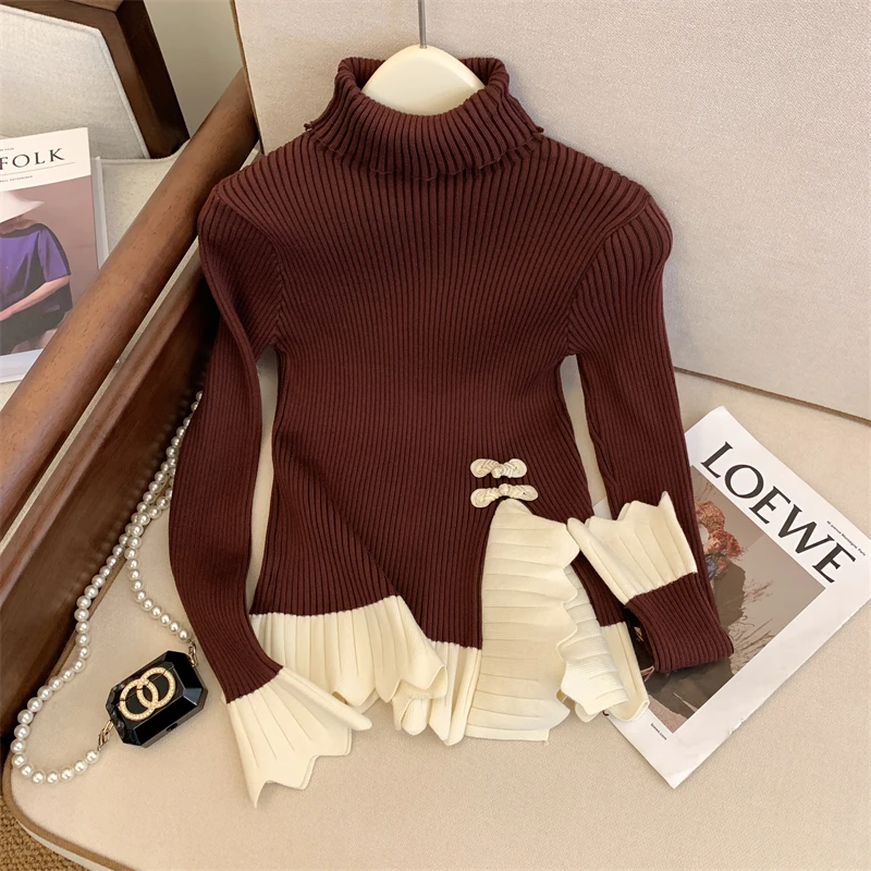 Women's High-Neck Knitted Sweater Female Pullover Slim Warm Sweater Mosaic Falbala Clothes Long Sleeves Top Autumn Winter 2023