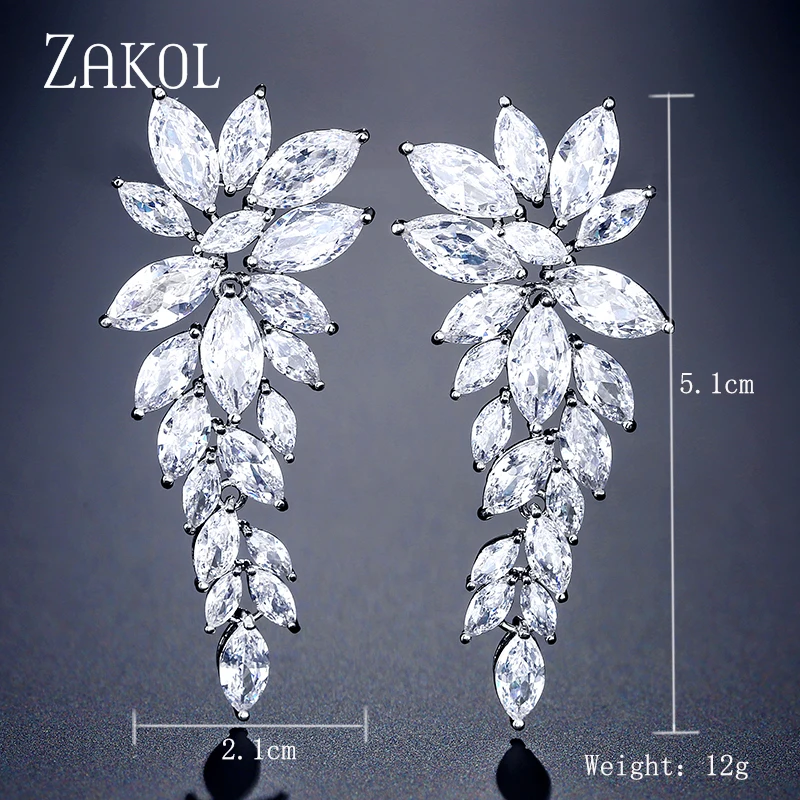 ZAKOL Luxury Marquise Cut Cubic Zirconia Leaf Long Dangle Earrings for Women Bridal Wedding Dinner Jewelry Birthday Gift EP2329