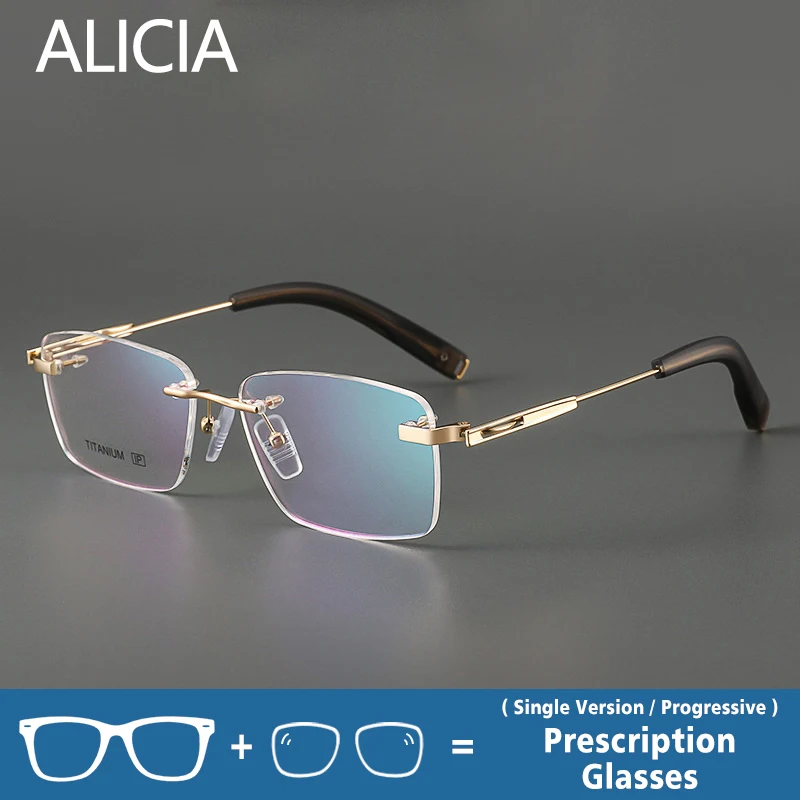 

ALICIA Luxury Rimless Glasses Square Anti Blue Light Blocking Glasses Myopia Hyperopia Progressive Optical Prescription Frames