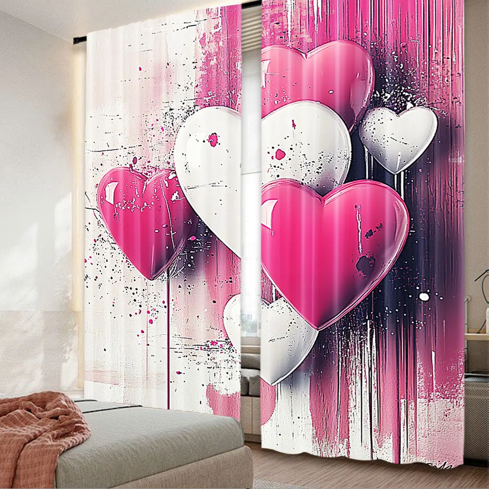 2Pcs Pink Curtain Futurist Love Concept Hearts With Faded Effect Lines Print Graffiti For Living Room Dining Room