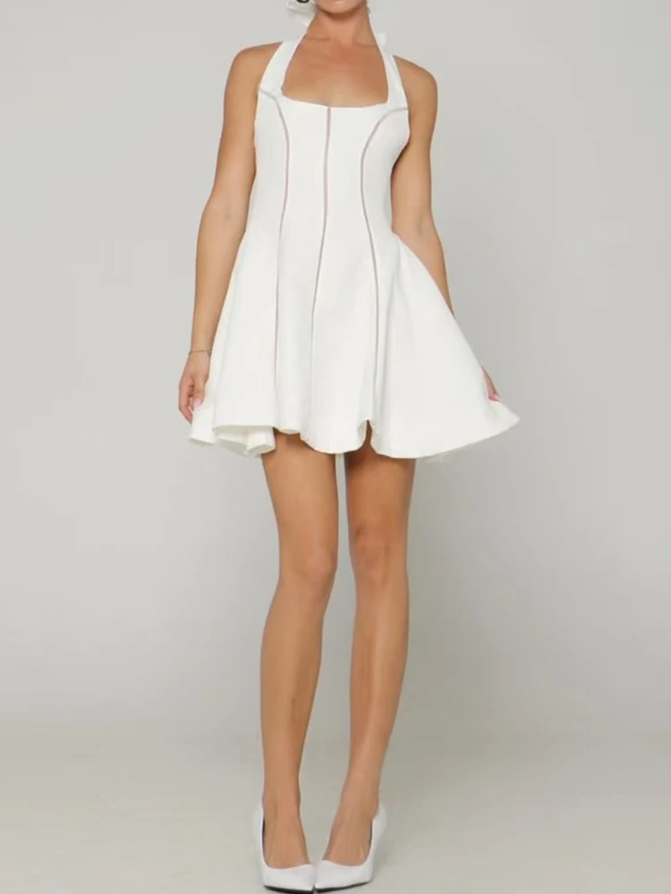 

French design lace-up bow square neck halter short skirt summer new waist slim sexy holiday mini dress