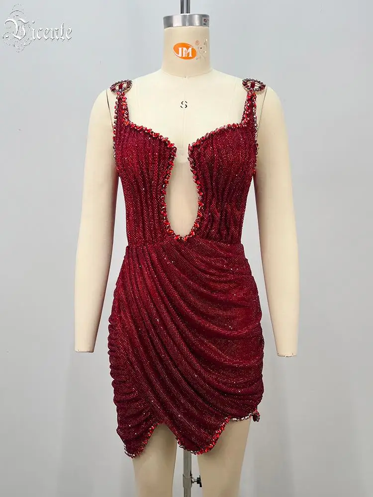 ชุดมินิเดรสสีแดงประดับคริสตัลว - Sparkly Rhinestone Club Party Dress บทวิจารณ์และราคา